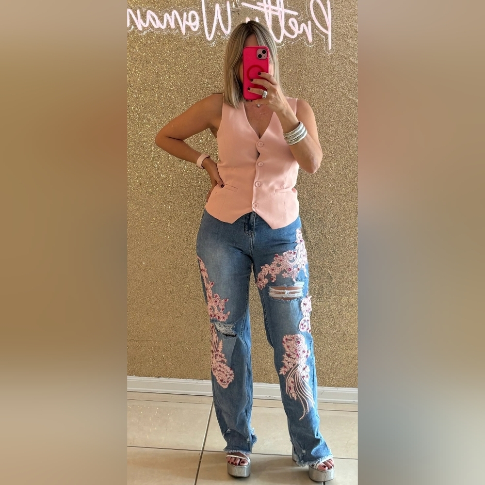 Nwt Denim Love Boutique Embellished Blue Jeans with Pink Floral Design 😍 Sz 4/5 - Picture 11 of 12